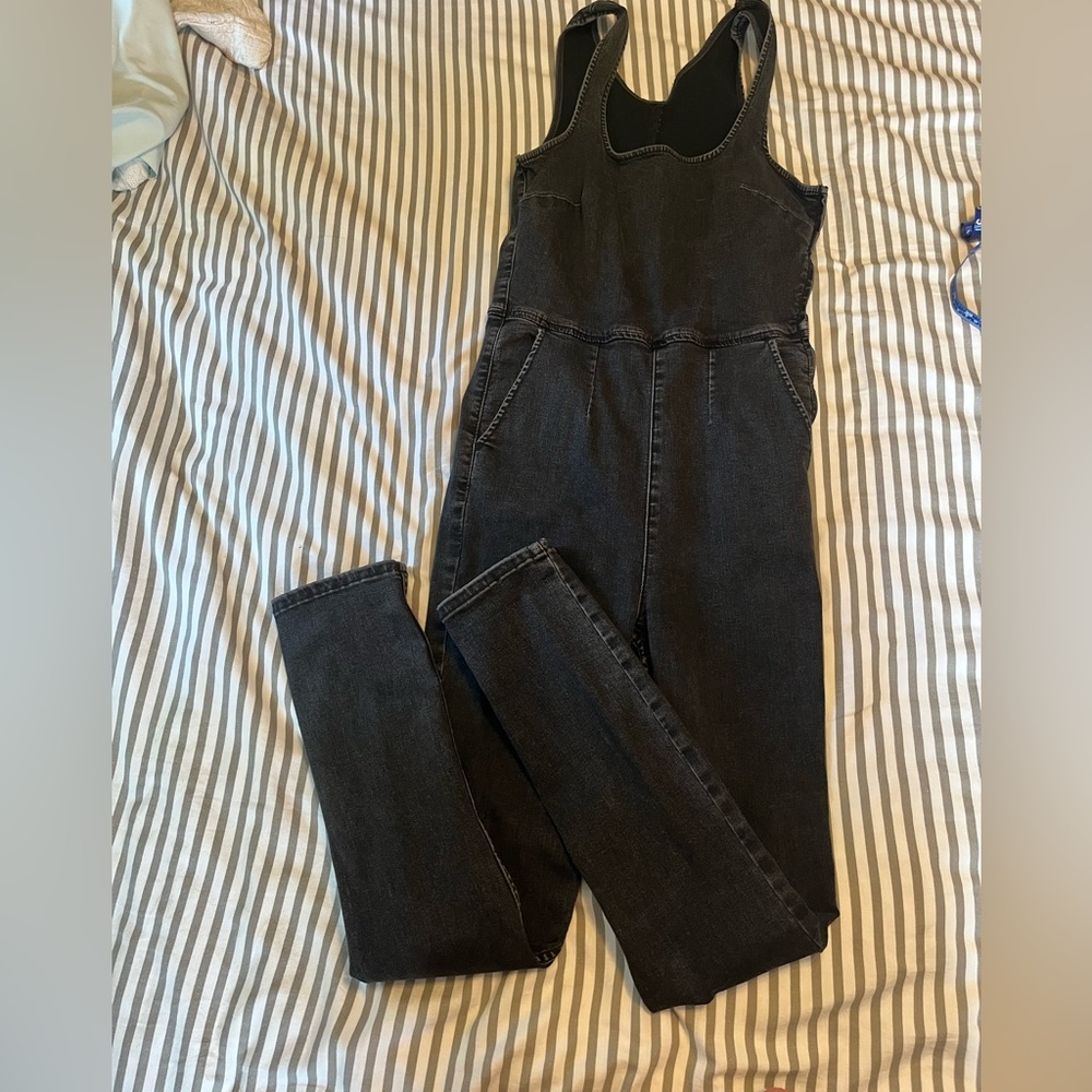 Free people denim side zip overalls